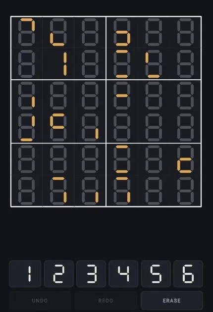 Digital Sudoku gameplay: a 6 by 6 grid of seven-segment digits, some fully lit, some partially lit amber clues.