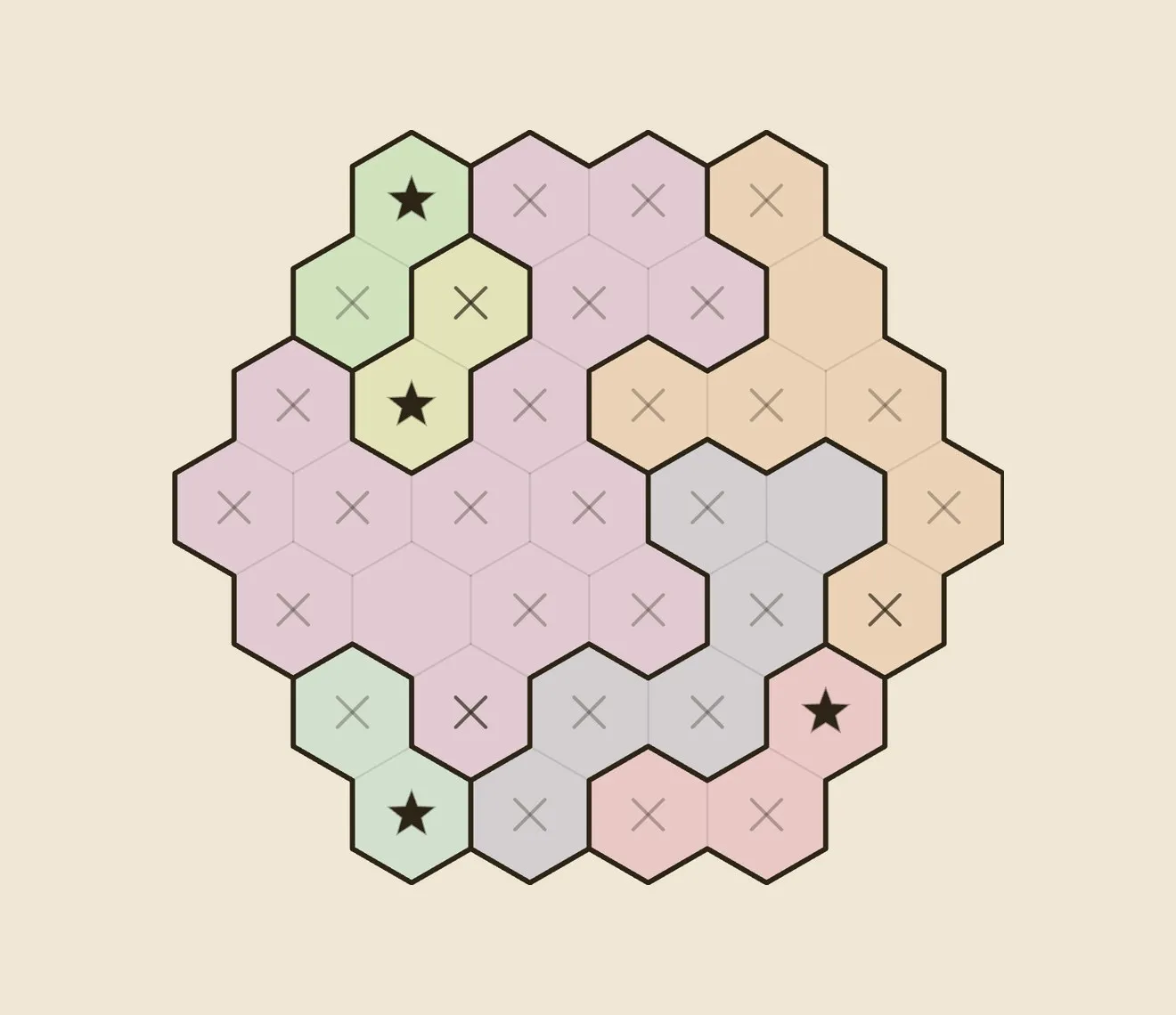 Hex Star Battle gameplay: a hexagonal grid of coloured regions with stars and X marks.