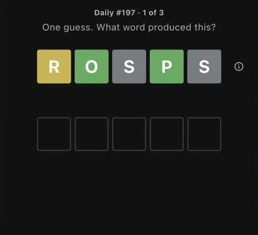 Onedle gameplay: a row of coloured letter tiles above an empty guess row and a keyboard.